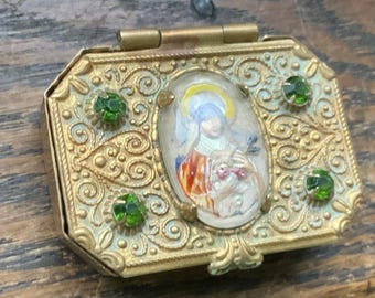 Antique Reverse Glass Painted Mother Mary rosary box