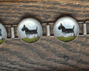 Designer Vincent Simone reversed carved hand painted glass Scottie dog Crystal sterling silver bracelet