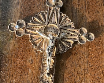 Large Sterling silver (950) filigree cross  with Jesus pendant on long ball chain
