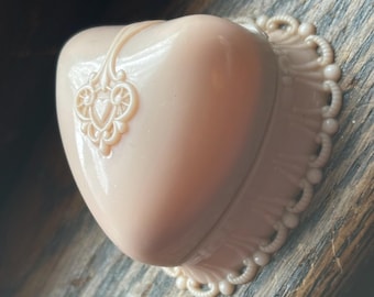 vintage pink heart shaped ring presentation box, Dennison plastic 1950s