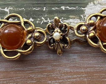 Ornate vintage Gold tone brown cabochon pearl bracelet