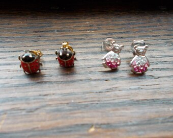 2 pairs of sterling silver earrings teddy bears/lady bugs