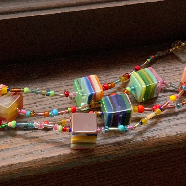 Colorful vintage Sobral necklace with little beads in between large square beads