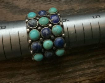 Vintage Native American Zuni turquoise and lapis lazuli Sterling silver cluster ring