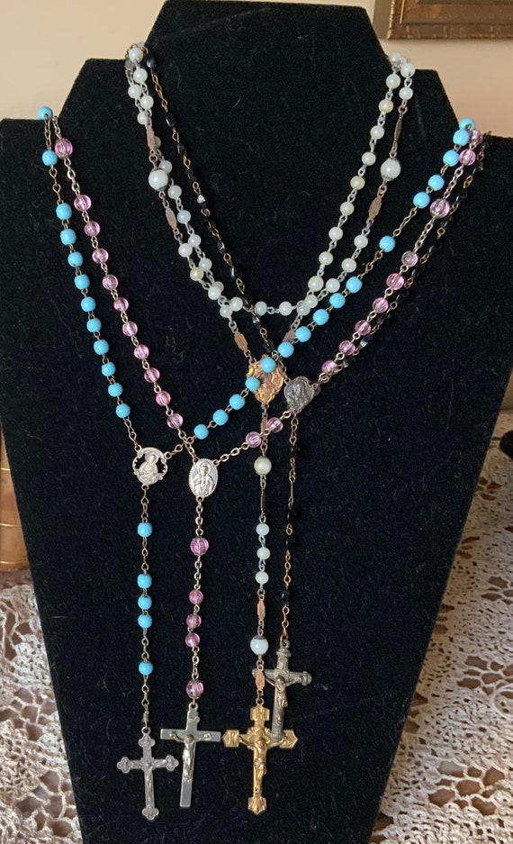 4 colorful glass vintage religious rosaries