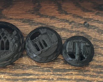 Victorian whitby jet carved bog  round panels for restoration/2 carved clasp pieces
