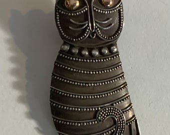 Vintage Balinese Sterling Silver Kitty Cat Dots Stripes brooch/copper eyes