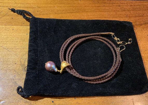 Choker Double braided brown leather cord w/ pearl… - image 4