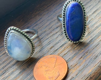 Large Sterling silver lapis lazuli and moonstone rings