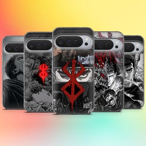 May include: A collection of phone cases featuring manga-style artwork. The cases display black and white illustrations with red accents, including a prominent red emblem. The designs showcase various characters and scenes from the manga.