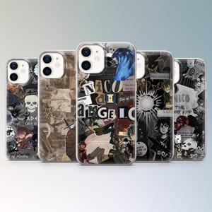 May include: A set of clear phone cases with collage designs. The cases display images, text, and illustrations in black, white, and brown tones. Some cases feature text that reads "Nico di Angelo" and "Cabin 13".