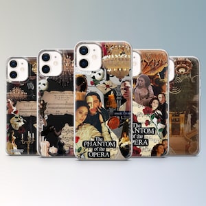 May include: Five iPhone cases featuring a collage of images and text from the musical "The Phantom of the Opera." The cases display images of characters, sheet music, and chandeliers, with the title prominently displayed.