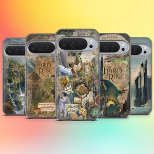 May include: A collection of phone cases featuring designs inspired by "The Lord of the Rings." The cases display various scenes and quotes from the book, with a collage aesthetic. The color palette includes greens, browns, and beige.