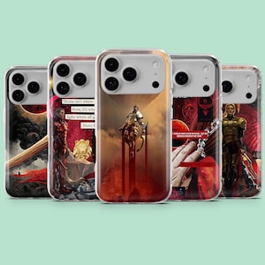 May include: Five phone cases with fantasy art designs. The cases display images of knights, figures in armour, and quotes. The colour scheme includes red, gold, and black, with a clear protective case. The text on one case reads "BRAKE THE CHAINS".