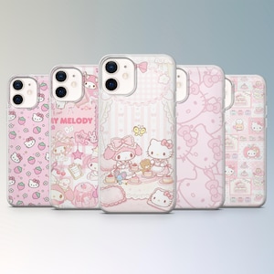May include: Five pink phone cases with different designs. The cases feature illustrations of cartoon characters, including Hello Kitty and My Melody, along with patterns of strawberries, bows, and cakes. The cases are designed for a smartphone.