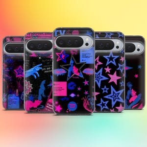 May include: A collection of five phone cases with a black background and a vibrant design. The cases feature neon pink and blue stars, illustrations, and the text "TV GIRL". The cases have a glossy finish.