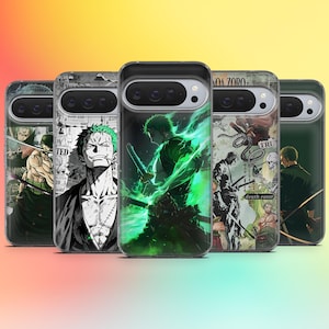 May include: Five phone cases showcasing illustrations of a character with green hair and swords. The cases feature action poses and graphic designs, using black, white, and green colour schemes. Some cases have text.
