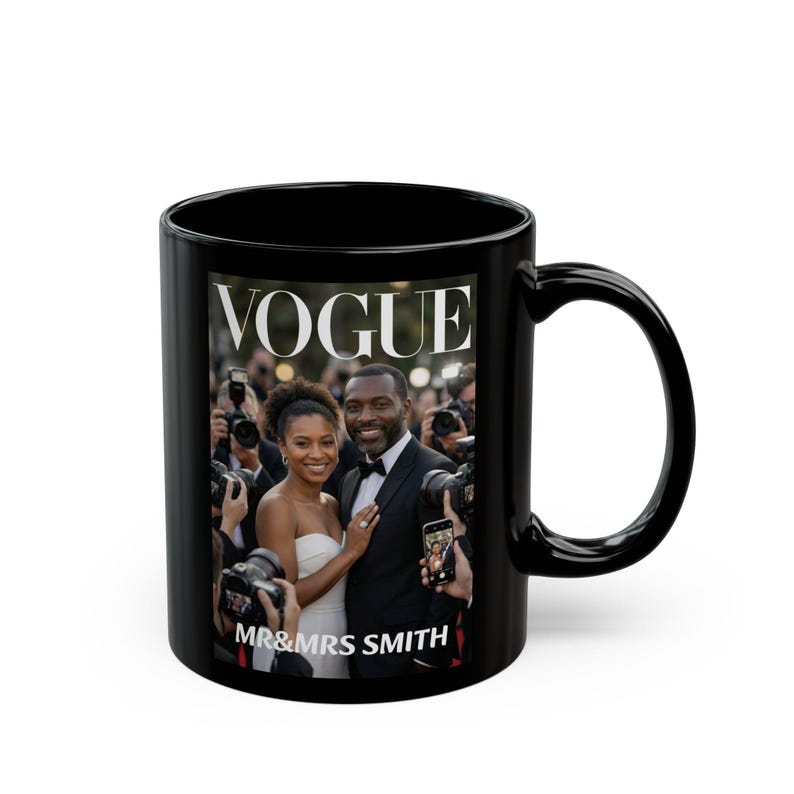 Custom Couple Portrait from Photo Mug, Fashion Magazine Inspired Personalized Vogue Style Cover Cup, Unique Anniversary Gift for Couple image 4