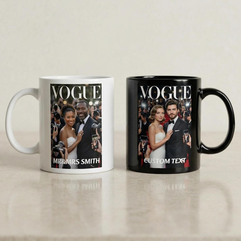 Custom Couple Portrait from Photo Mug, Fashion Magazine Inspired Personalized Vogue Style Cover Cup, Unique Anniversary Gift for Couple image 1