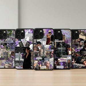 May include: Five black phone cases with a collage design featuring images of people, flowers, and text. The dominant colors are purple, white, and black. The text includes the words "POWERLESS" and "DARLING".