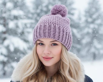 Classico berretto con pompon all'uncinetto - Cappello invernale a coste per donna