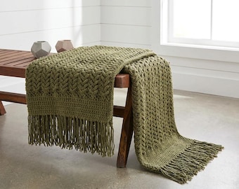Modello per coperta all'uncinetto a maglia grossa, con motivo a spina di pesce (download PDF)