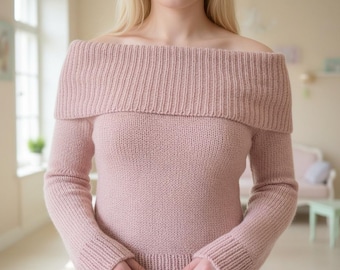 Patrón de jersey de punto con hombros descubiertos Regina: elegante jersey de canalé con cuello doblado