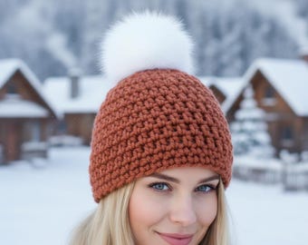 Gorro de invierno grueso con pompones a crochet (patrón PDF)