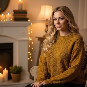 May include: A woman wearing a mustard yellow knit sweater sits in a cozy armchair. The room is warmly lit by candles and a lamp, creating a comfortable and inviting atmosphere. A fireplace and decorative lights are in the background.