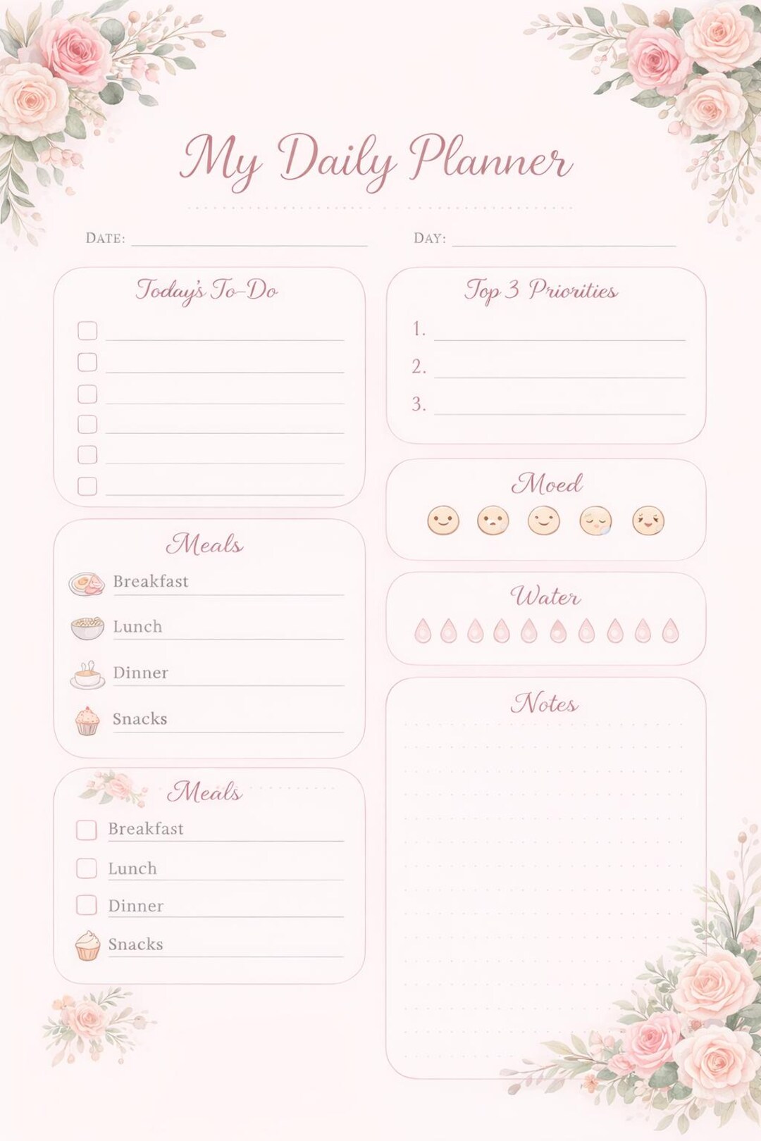 Pink Floral Daily Planner | Minimalist Printable (A4 US Letter ...