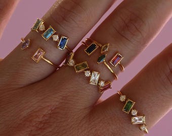 Waterdicht • Cluster gouden ringen met meerdere stenen • Roestvrijstalen vintage stapelbanden • 18 kt goud, PVD-vergulde anti-aanslag sieraden