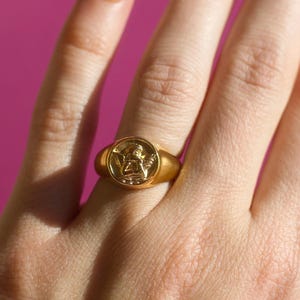 Puede incluir: Un anillo de sello dorado con un relieve detallado de un querub&iacute;n. El anillo se lleva en un dedo sobre un fondo rosa. El dise&ntilde;o del anillo es circular, con una banda lisa y pulida.