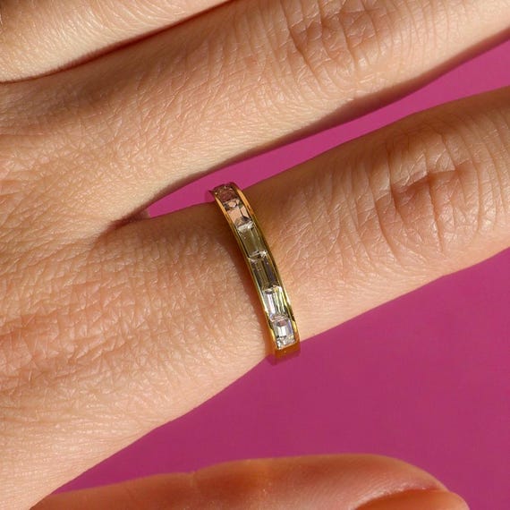 Waterproof • Baguette Eternity Gold Ring • Stainless Steel Crystal Band • 18K Gold PVD Plated Anti-Tarnish Jewelry