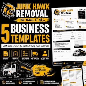 以下が含まれることがあります： Junk Hawk Removalのビジネステンプレートを紹介するプロモーション画像。デザインには、請求書、見積もり、チェックリスト、ジョブトラッカー、顧客情報が含まれています。カラースキームは黒、黄、白で、トラックのグラフィックが使用されています。