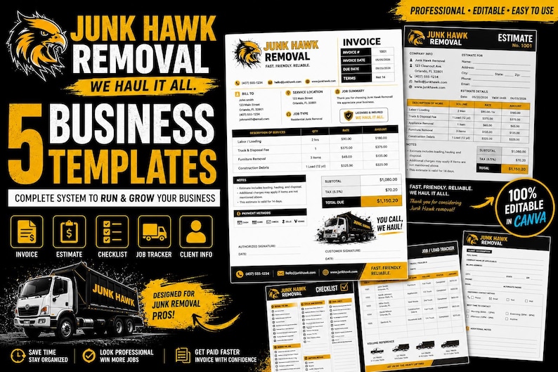 以下が含まれることがあります： Junk Hawk Removalのビジネステンプレートを紹介するプロモーション画像。デザインには、請求書、見積もり、チェックリスト、ジョブトラッカー、顧客情報が含まれています。カラースキームは黒、黄、白で、トラックのグラフィックが使用されています。
