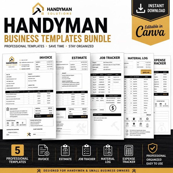 Handyman Business Templates Bundle System | Easy Editable Canva Invoice, Estimate, Job Tracker (Digital Download)