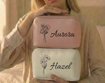 Personalized Birth Flower Makeup Bag, Custom Name Cosmetic Bag,Vegan Leather Toiletry Case,Bridesmaid Proposal Gift,Travel Organizer for Her