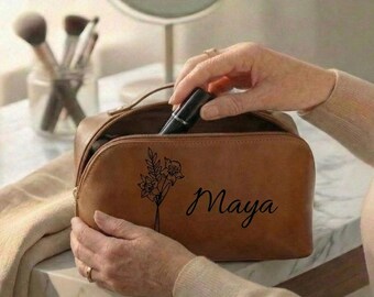 Personalized Leather Makeup Bag with Custom Name & Birth Flower, Bridesmaid Gift, Travel Cosmetic Organizer for Women,