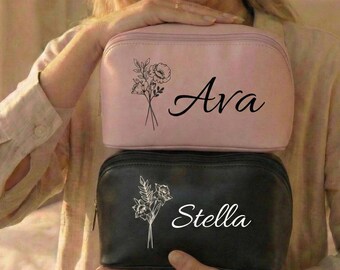 Custom Birth Flower Makeup Bag with Name,Personalized Vegan Leather Cosmetic Bag, Bridesmaid Proposal Gift,Monogrammed Travel Toiletry Pouch