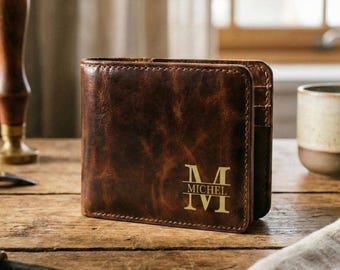 Personalized Leather Wallet for Men,Custom Engraved Wallet with Inside Message,Anniversary Gift for Him,Minimalist Distressed Leather Wallet