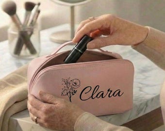 Personalized Makeup Bag with Birth Flower, Custom Name Cosmetic Bag, Vegan Leather Travel Toiletry Pouch, Minimalist Beauty Organizer