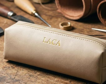 Personalized Leather Pencil Case with Gold Foil Name, Custom Monogrammed Pen Pouch, Graduation Gift 2026, Minimalist Desk Accessory