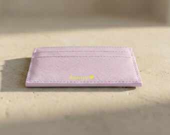 Personalized Leather Card Holder with Custom Name, Minimalist Slim Wallet for Women & Men, Saffiano Leather Card Case, Small Travel Wallet