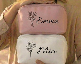 Custom Birth Flower Makeup Bag with Name, Personalized Vegan Leather Cosmetic Bag, Bridesmaid Proposal Gift, Travel Toiletry Organizer 2026