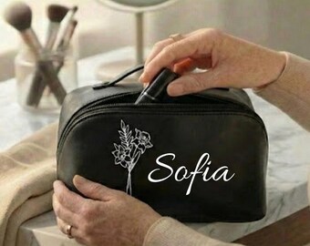Personalized Makeup Bag with Name, Custom Leather Cosmetic Bag, Floral Monogram Pouch, Bridesmaid Proposal Gift,Travel Toiletry Case for Her