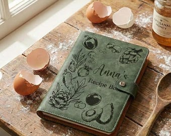 Personalized Leather Recipe Book Cover, Custom Engraved Cookbook Binder, Refillable Leather Journal for Recipes, Mother's Day Gift