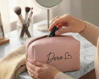 Personalized Makeup Bag with Custom Name, Embroidered Faux Fur Cosmetic Pouch, Saffiano Leather Travel Vanity Case, Bridesmaid Proposal Gift