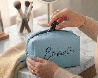 Personalized Faux Fur Makeup Bag with Custom Name Embroidery, Soft Teddy Cosmetic Pouch, Saffiano Leather Travel Toiletry Bag