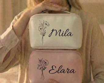 Custom Birth Flower Makeup Bag with Name, Personalized Vegan Leather Cosmetic Bag, Bridesmaid Proposal Gift, Travel Toiletry Case for Her