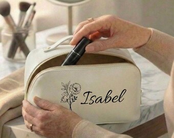 Personalized Makeup Bag with Birth Flower, Custom Name Cosmetic Bag, Vegan Leather Travel Toiletry Pouch, Bridesmaid Proposal Gift